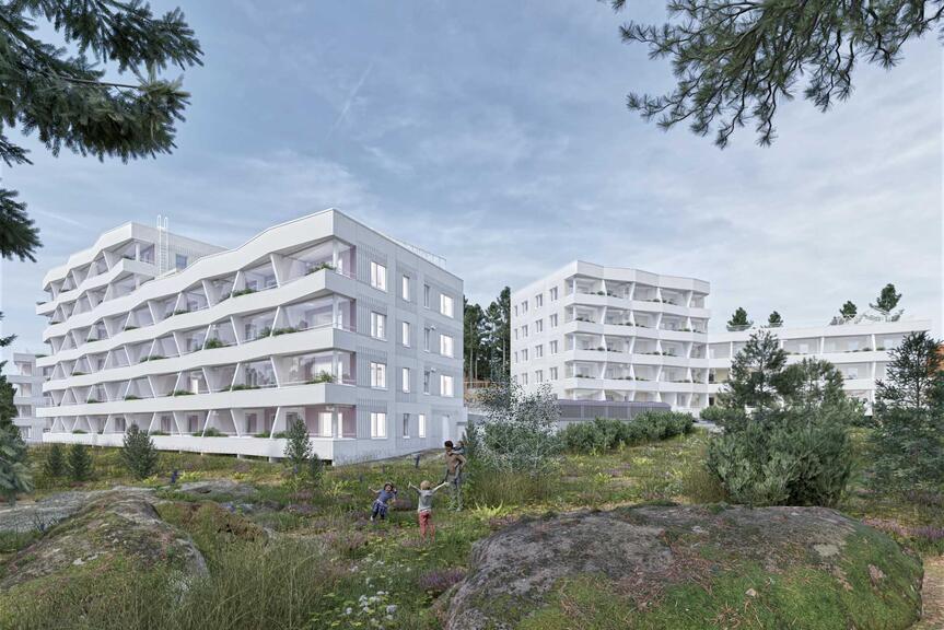 Havainnekuva Kurkimoision asuinalueen kerrostaloista.