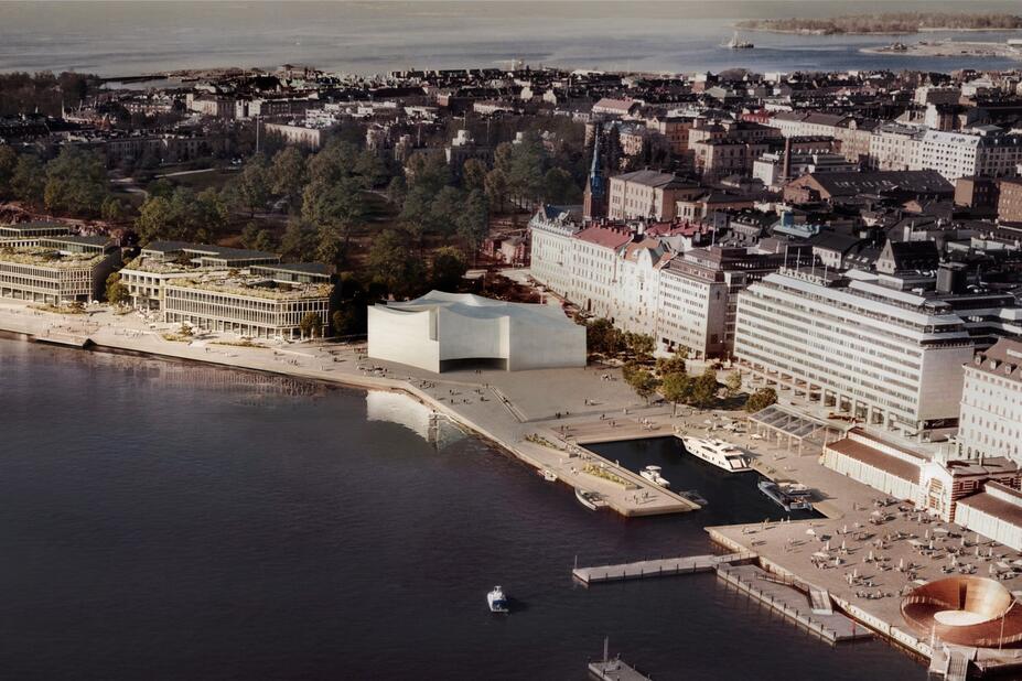 Havainnekuva, ehdotus City, Sky and Sea, uuden arkkitehtuuri- ja designmuseon suunnittelukilpailu.