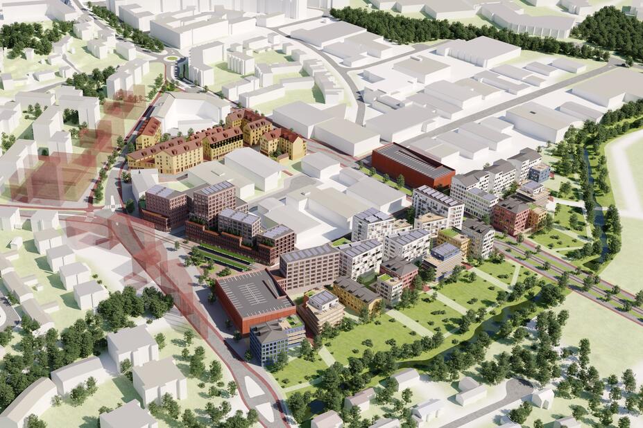 Fasadflygbild (visualisering) av byggande enligt detaljplan.