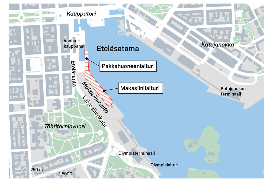 Kartta Helsingin Eteläsatamasta, johon on merkitty Makasiinilaiturin, pakkahuoneenlaiturin ja keskeisten maamerkkien sijainti.