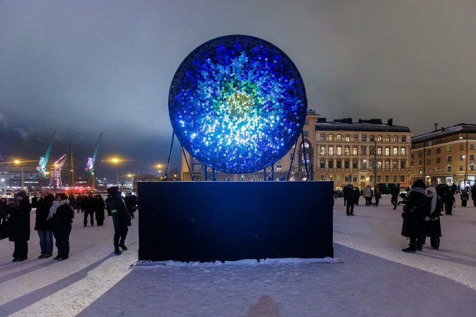 Sébastien Lefèvre’s light artwork Soleil nuit Albireo, which is blue and circular.