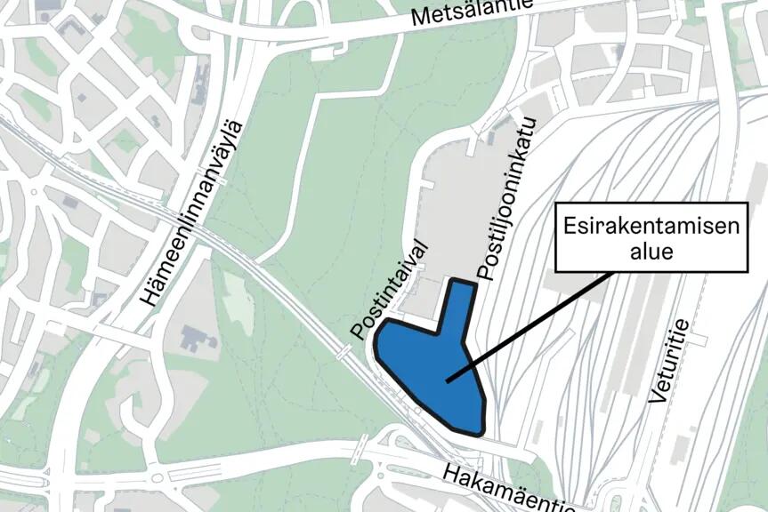 Kartta Eteläisen Postipuiston esirakentamisalueesta.