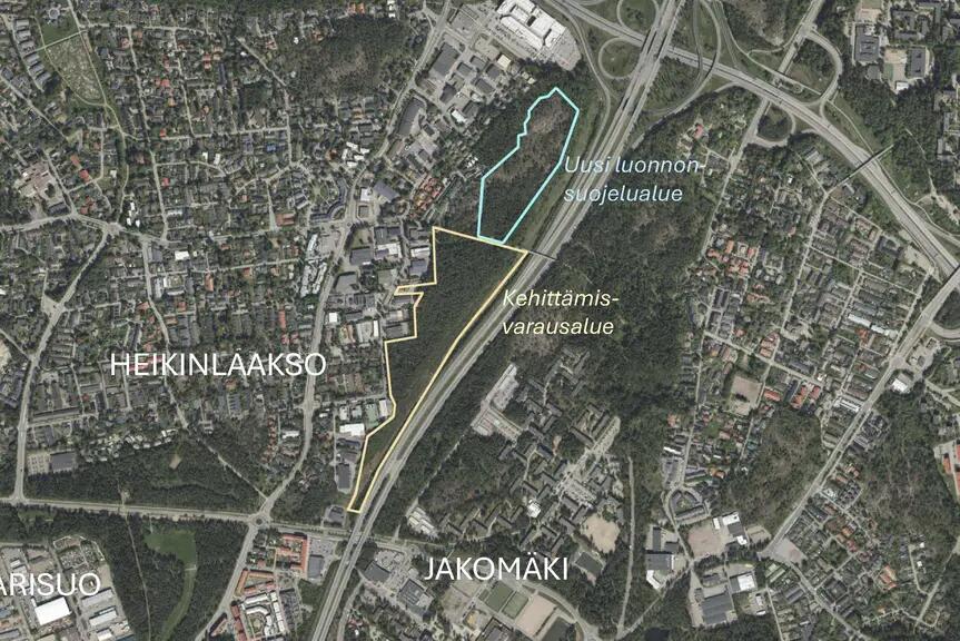 Kehittämisvarausalue ja tuleva luonnonsuojelualue esitettynä kartalla.