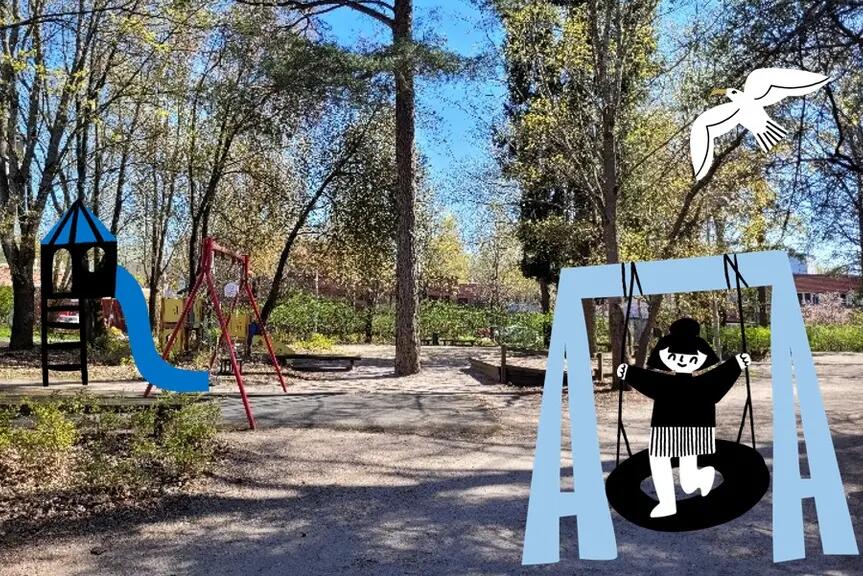 Puisto johon lisätty kuvituksia, liukumäki ja keinuva lapsi.