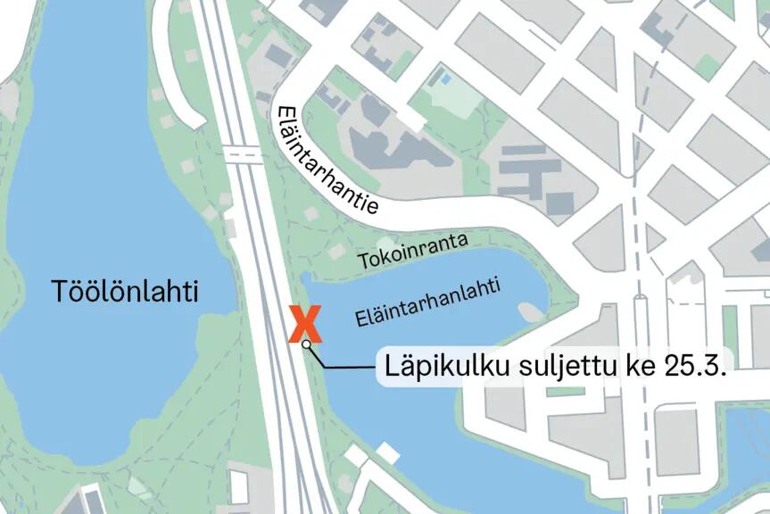 Kartta Eläintarhanlahden kannaksen reitistä.