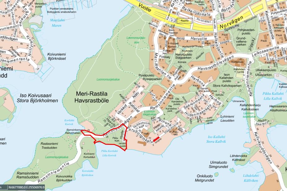 Planområdet gränsar till Ramsöuddsvägen, Villavaktsgränden och havsstranden. 