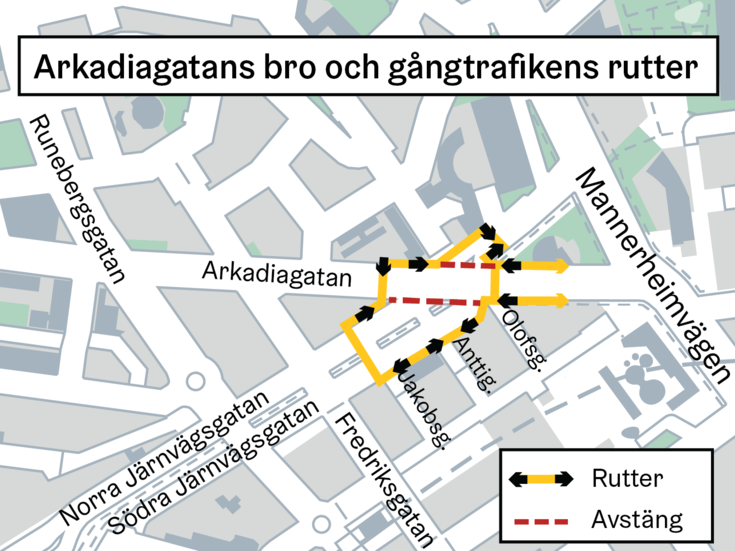 En tillfällig bro för fotgängare byggs över Banan öster om Arkadiagatan.