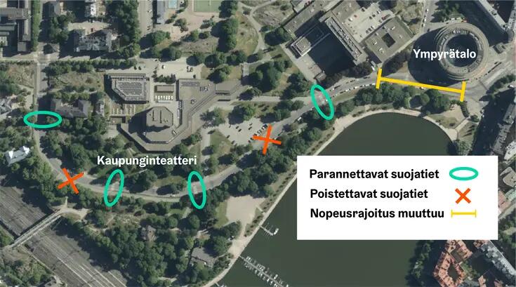 Kartalle on merkitty parannettavat suojatiet, poistettavat suojatiet ja alue, jossa nopeusrajoitus muuttuu