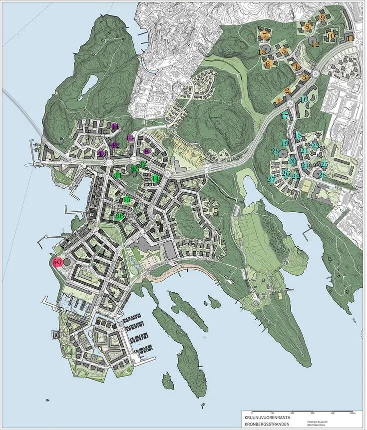 Kruunuvuorenrannan valotaideteosten sijainti kartalla esitettynä.