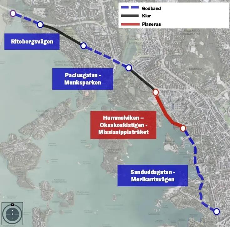 Kartan med olika delar av Munksnäsbanan.