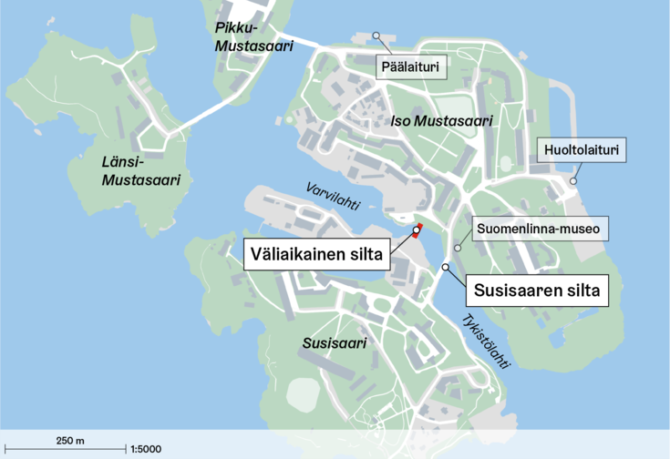 Väliaikainen silta ja Susisaaren silta merkittynä kartalle