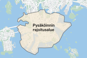 Kartalla merkittynä yhteiskäyttöisten sähköpotkulautojen ja muiden mikroliikkumisen välineiden pysäköinnin rajoitusalue, joka kattaa keskustan ja eteläisen Helsingin.