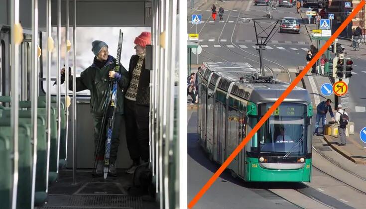 Kaksi naista ratikassa sukset mukana sekä kuva ratikasta.