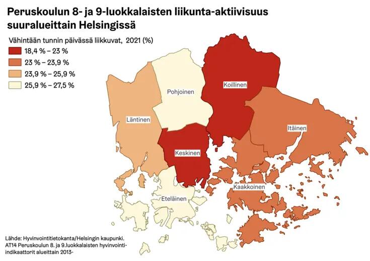 Määrällinen koropleettikartta joka esittää väreillä osuuden liikkuvista nuorista kaupungin eri alueilla.