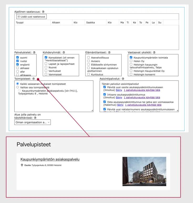 Kuvakaappaus palvelupisteiden tiedoista palvelukuvausrekisteristä ja palvelusivulta.