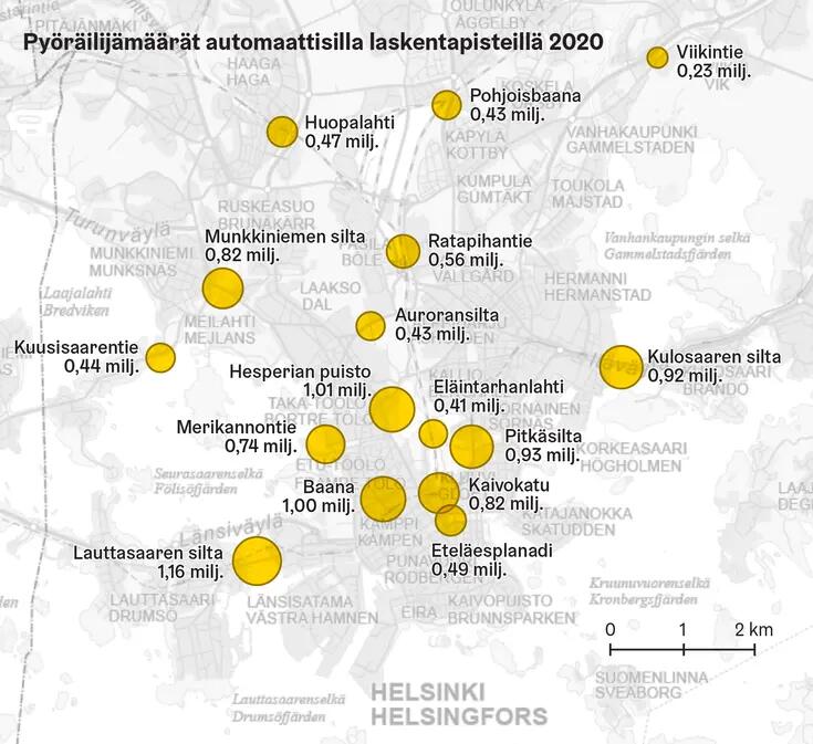 Symbolikartta pohjakartalla, ympyrät kartalla näyttävät määriä tietyissä pisteissä.