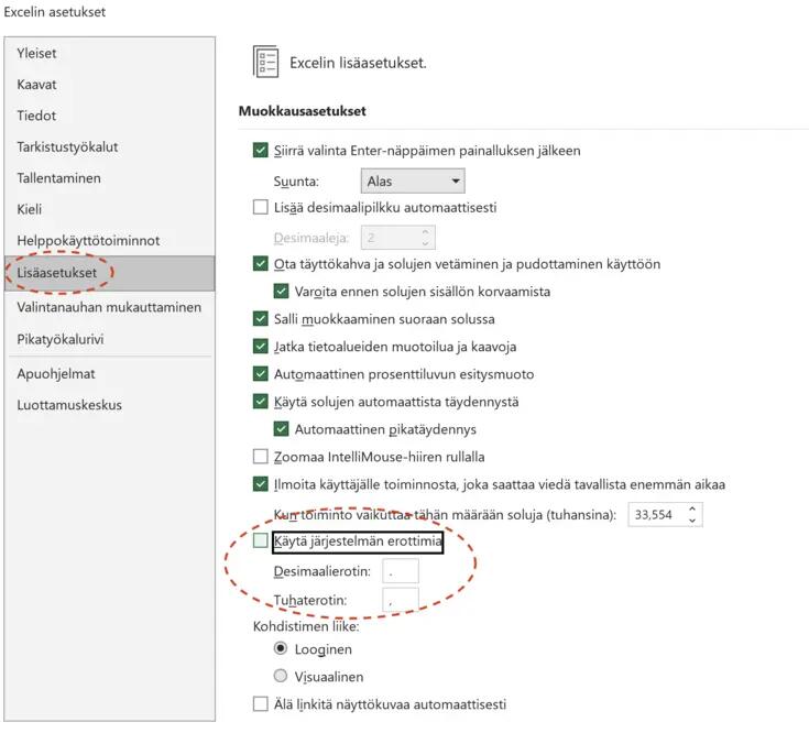 Tuhaterottimet asetukset, ruutukaappaus Excelistä