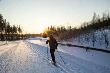 Henkilö hiihtämässä Paloheinän ladulla.