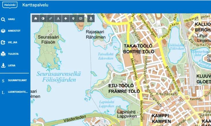 Näkymä Helsingin karttapalvelusta