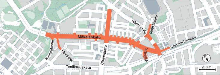 Karttakuva, johon on merkitty Mäkelänkadun remontoitava alue