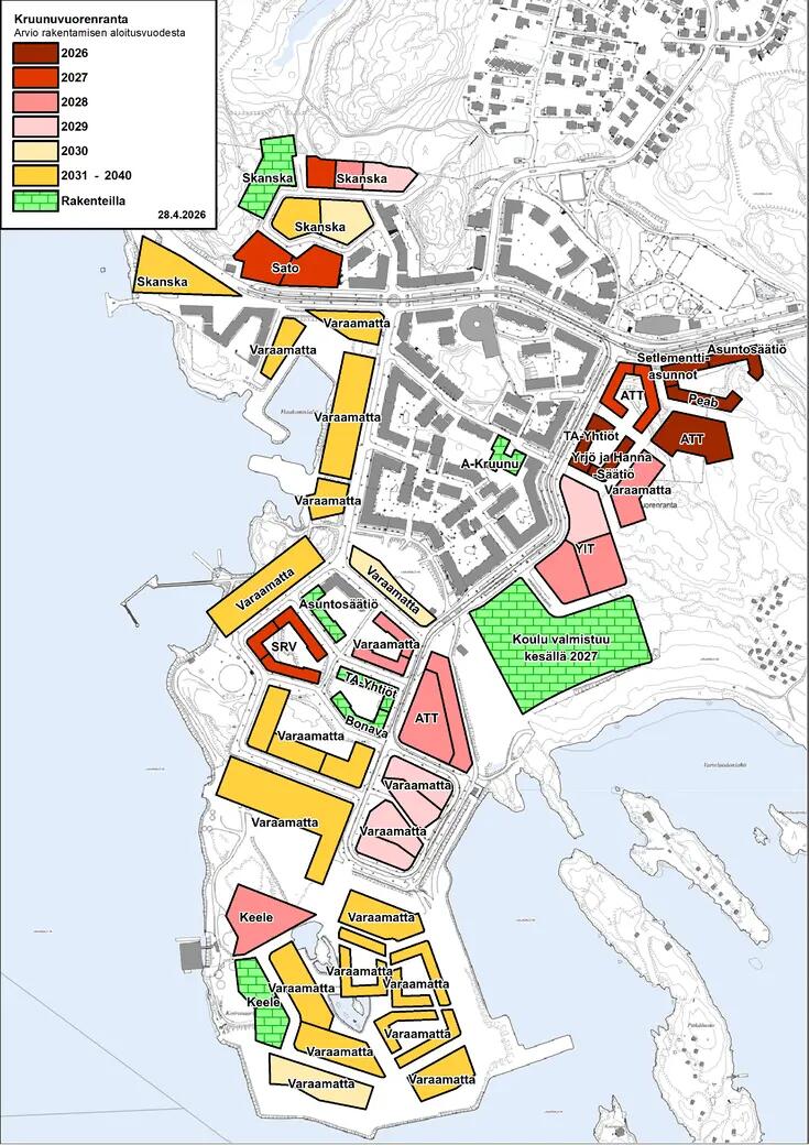 Kruunuvuorenrannan tonttien rakentamisajat kartalla