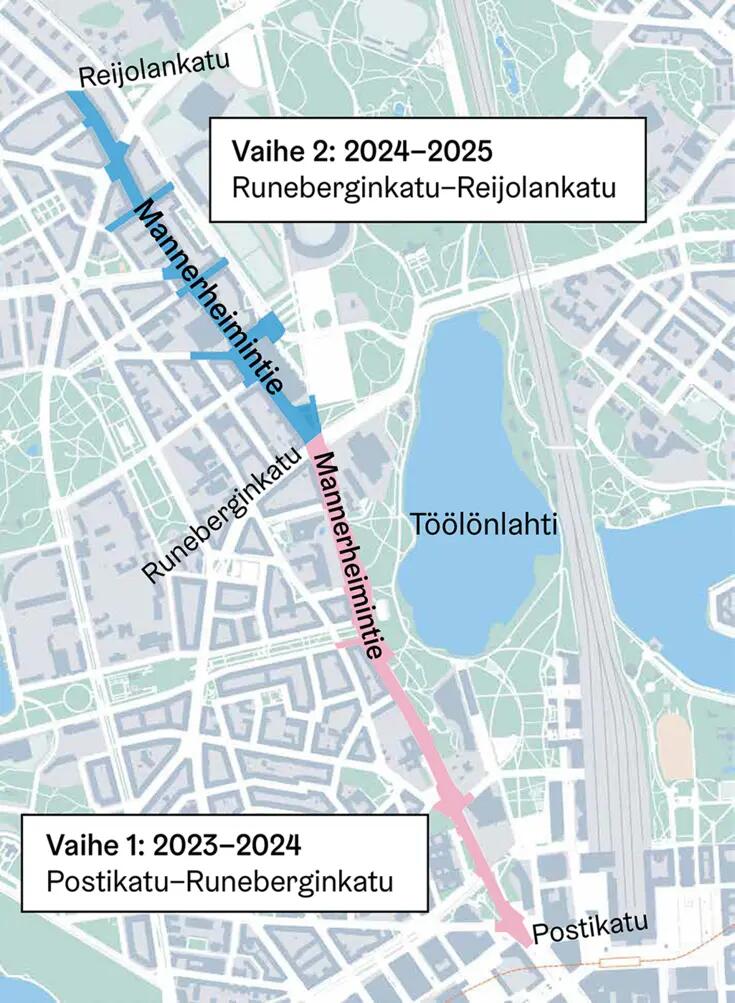 Katutyön vaiheet kartalla.